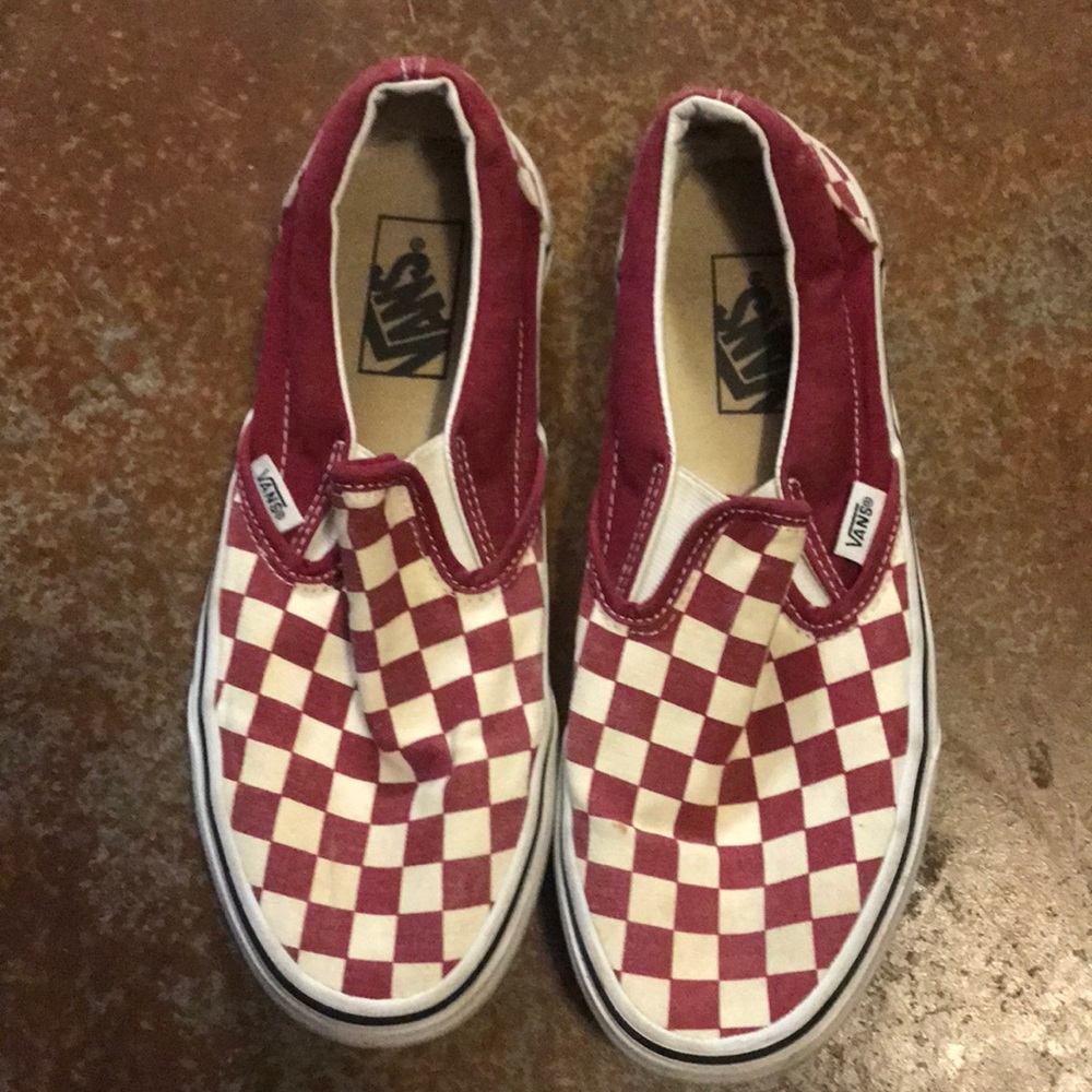 Maroon and white checkered vans